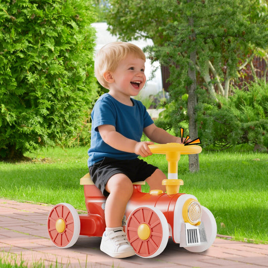 Auto scorrevole a piedi con volante pulsante con suono di fischio del treno-Giocattolo a dondolo di archiviazione sotto il sedile Arancione