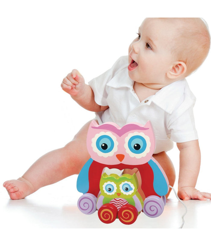 Gioco Gufetto Legno Trainabile Gufo Giocattolo Per Bambini Da Tirare 18cm Rosa         