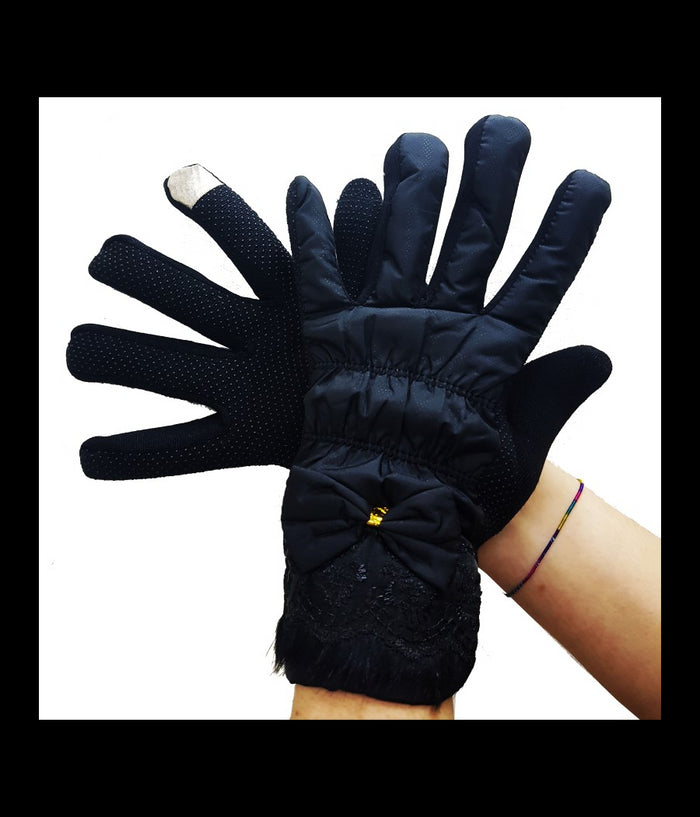 Guanti Da Neve Nero Donna Fiocco Touch Impermeabili Fodera Pile         