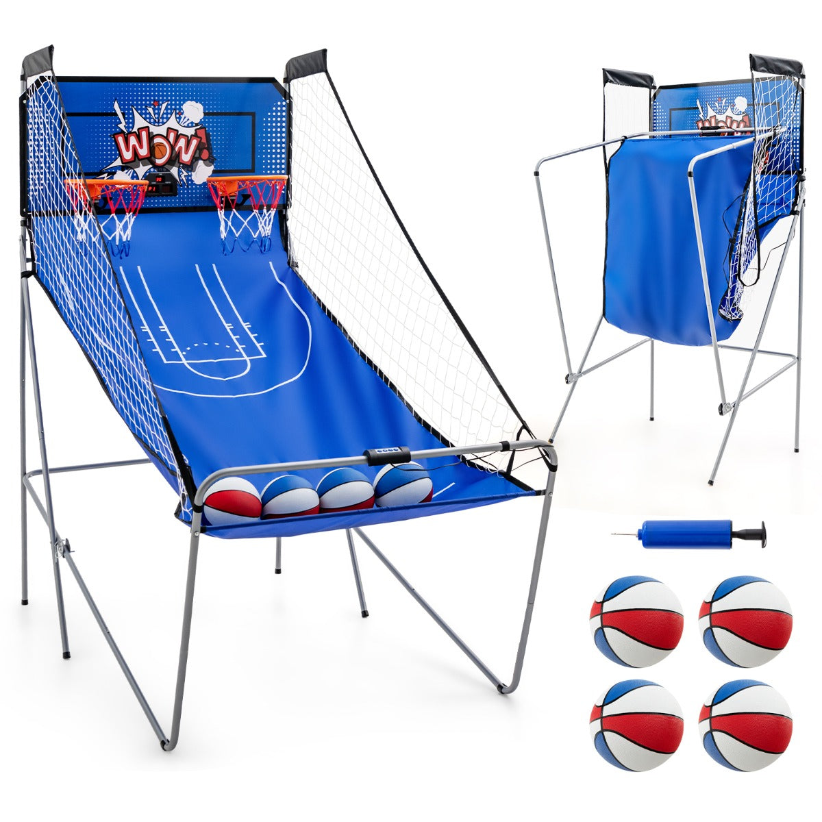 Gioco arcade da basket a doppio tiro per casa, Gioco da basket pieghevole con 8 modalit¨¤ di gioco suono arcade Blu-Giocattoli sportivi