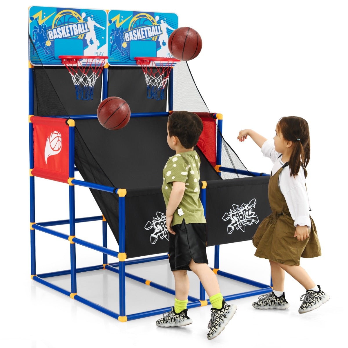 Gioco arcade di pallacanestro con 4 palline e pompa di gonfiaggio, Pallacanestro a doppio tiro per bambini-Giocattoli sportivi