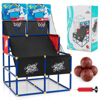 Gioco arcade di pallacanestro con 4 palline e pompa di gonfiaggio, Pallacanestro a doppio tiro per bambini-Giocattoli sportivi