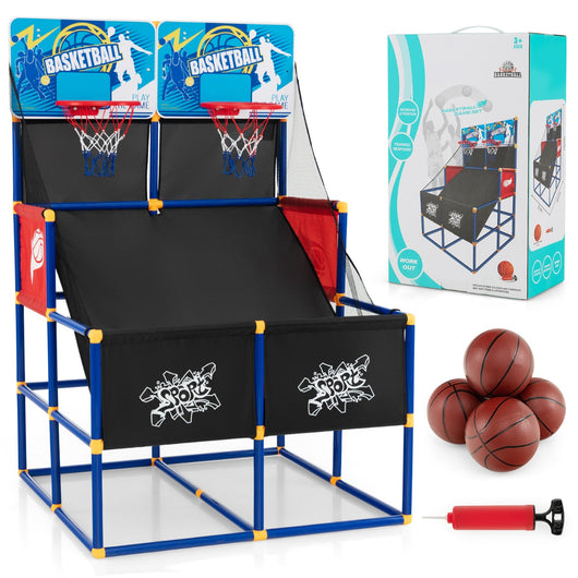 Gioco arcade di pallacanestro con 4 palline e pompa di gonfiaggio, Pallacanestro a doppio tiro per bambini-Giocattoli sportivi