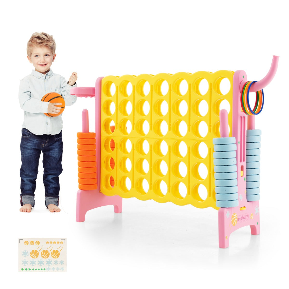 Gioco forza 4 gigante con canestro da basket e anelli da lancio 42 gettoni, Set di gioco forza quattro Rosa-Giochi su prato