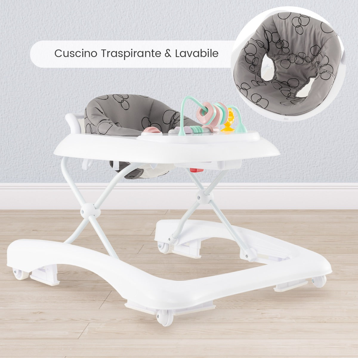 Girello pieghevole per bambini con 3 altezze regolabili sedile imbottito, Centro attivit¨¤ per beb¨¨ in piedi Grigio-Primi passi