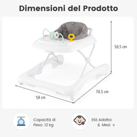 Girello pieghevole per bambini con 3 altezze regolabili sedile imbottito, Centro attivit¨¤ per beb¨¨ in piedi Grigio-Primi passi