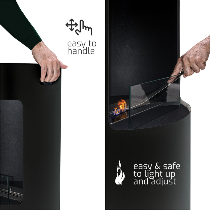 Giulio Cesare - Caminetto a bioetanolo da terra con 1 bruciatore da 1.5L. Camino a bioetanolo da appoggio in acciaio inox e vetro temperato. Colore Nero. Ø40x80 cm