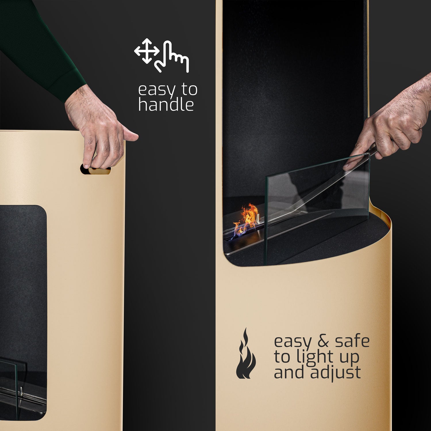 Giulio Cesare - Caminetto a bioetanolo da terra con 1 bruciatore da 1.5L. Camino a bioetanolo da appoggio in acciaio inox e vetro temperato. Colore Tortora. Ø40x80 cm