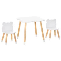 Set Tavolino con 2 Sedie per Bambini a Forma di Orsetto in Legno, Bianco