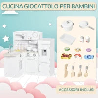 Cucina Giocattolo per Bambini in Legno con 14 Accessori, Forno, Lavandino, Frigo e Microonde, Età 3+ Anni, 86x64x84.5cm, Bianco e Argento