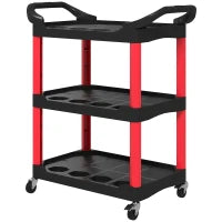 Carrello Porta Attrezzi a 3 Livelli in Plastica con Maniglie e Ruote, Capacità 91 kg, 83x43x97 cm, Rosso
