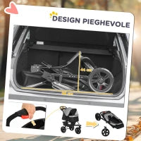 2 in 1 Passeggino per Cani Pieghevole a 3 Ruote con Freno, Cestino Portaoggetti e Porta Bottiglia, in Acciaio e Oxford, Grigio e Nero, 109.5x57.5x106.5cm