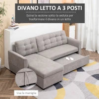 Divano Letto 3 Posti con Chaise Longue Contenitore in Tessuto, 217x134x85cm, Grigio