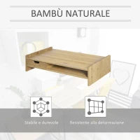 Supporto Monitor con Spazio per Mouse e Tastiera e Ripiano con Cubo Portaoggetti, in Bambù, 49x25.5x11.5 cm