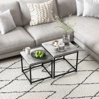 Set di 2 Tavolini da Salotto, Tavolini Bassi Quadrati, Tavoli da Salotto, Telaio in Acciaio e Piani in Legno, Grigio