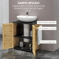 Mobile Sottolavabo Bagno con 2 Ante a Doghe, Porta Asciugamani e Intaglio a U, Legno e Nero