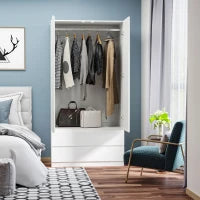 Armadio Guardaroba in Truciolato Bianco con Appendiabiti e 2 Cassetti Scorrevoli per Camere da Letto, 100x60x200 cm