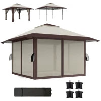 Gazebo da Giardino 4 x 4 m, Gazebo con Pareti a Rete, Protezione UPF50+, Gazebo Regolabile in Altezza, Beige