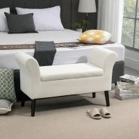 Panca Contenitore con Braccioli, in Tessuto Effetto Velluto e Legno, 111.5x41x65 cm, Bianco Crema