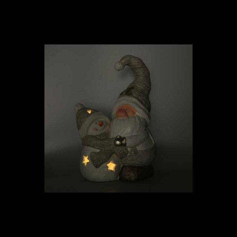 Gnomo resina e pupazzo di neve grigiocon led cm 27,5x18,5h42
