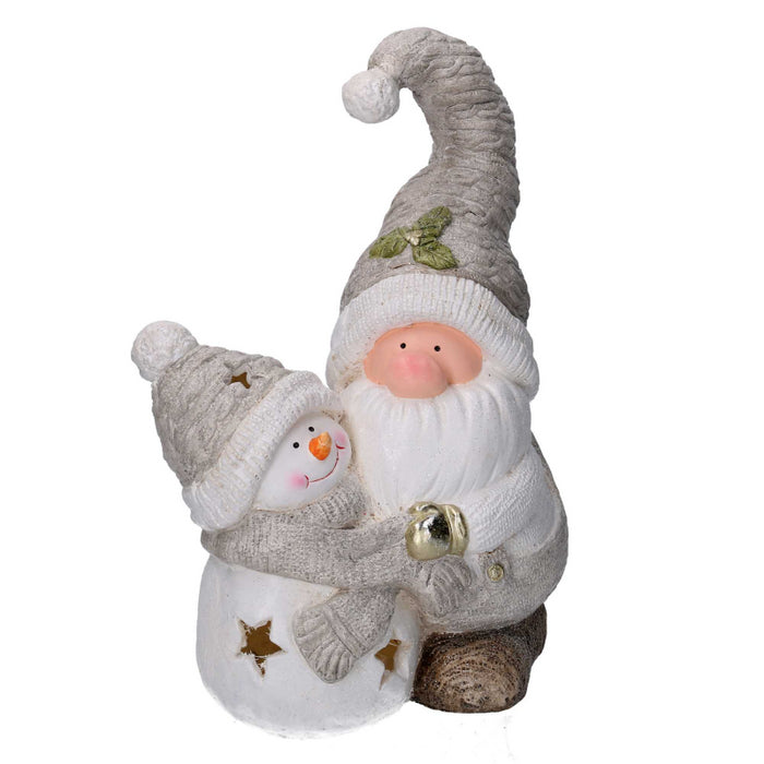 Gnomo resina e pupazzo di neve grigiocon led cm 27,5x18,5h42