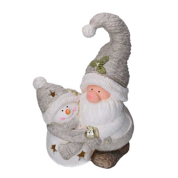 Gnomo resina e pupazzo di neve grigiocon led cm 27,5x18,5h42