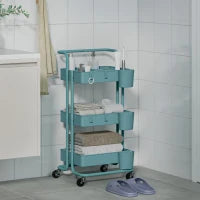 Carrello da Cucina a 3 Livelli con Maniglie e 4 Rotelle, in Acciaio, 42x38x86.5 cm, Verde Azzurro