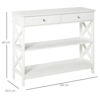Tavolo Consolle con 2 Cassetti e 2 Mensole, Consolle Ingresso e Soggiorno in MDF, 100x30.5x80cm, Bianco