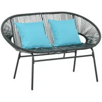 Panchina da Giardino a 2 Posti in Metallo e Corda in Rattan Sintetico con 2 Cuscini, 132L x 72l x 83H cm, Nero