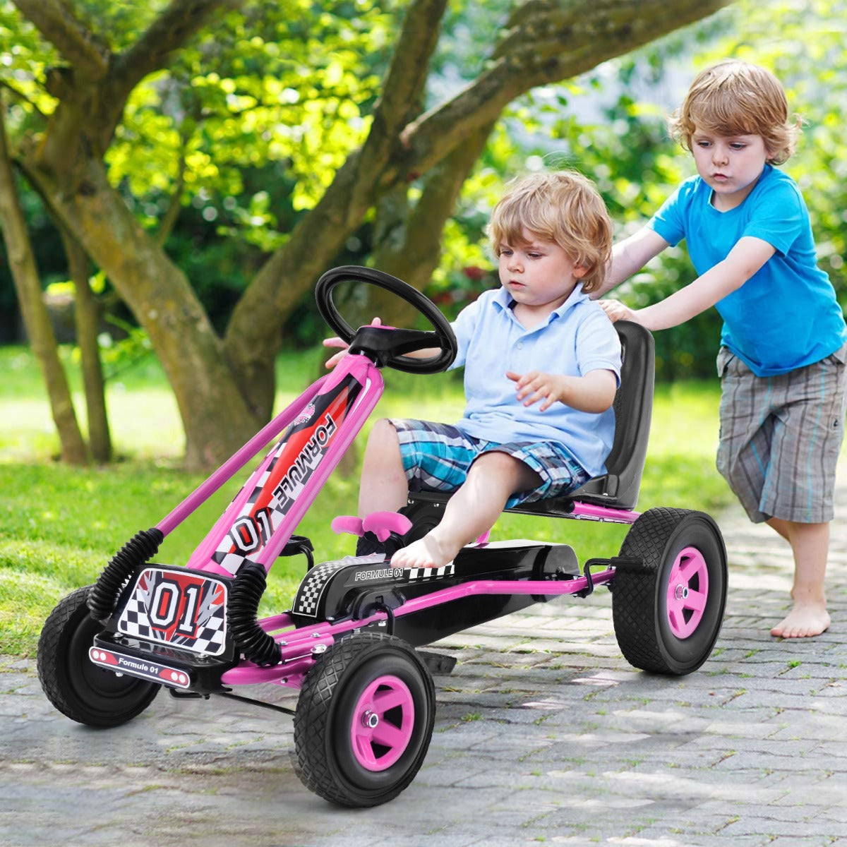 Go Kart per bambini a pedali regolabile, Go kart con sedile in PP 98x59x61cm Rosa-Go Kart