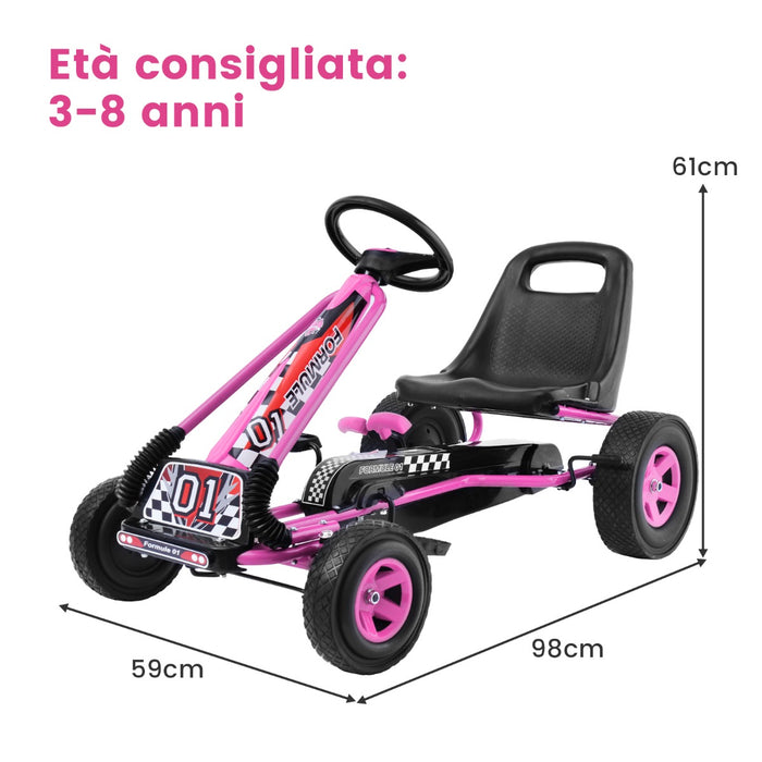 Go Kart per bambini a pedali regolabile, Go kart con sedile in PP 98x59x61cm Rosa-Go Kart
