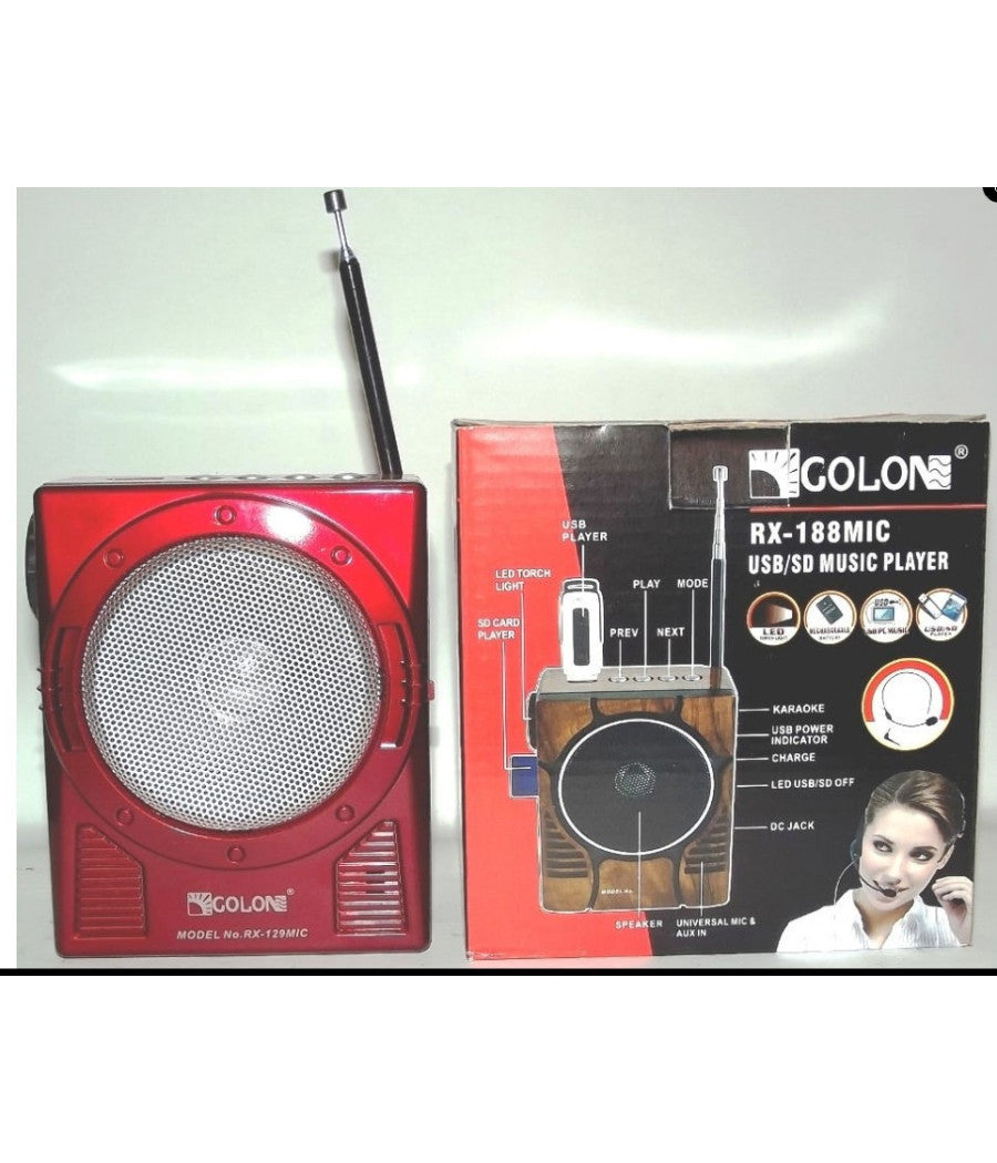 Golon Rx-188 Mic Radio Am Fm Portatile Con Ingresso Sd Usb Speaker Led Karaoke         