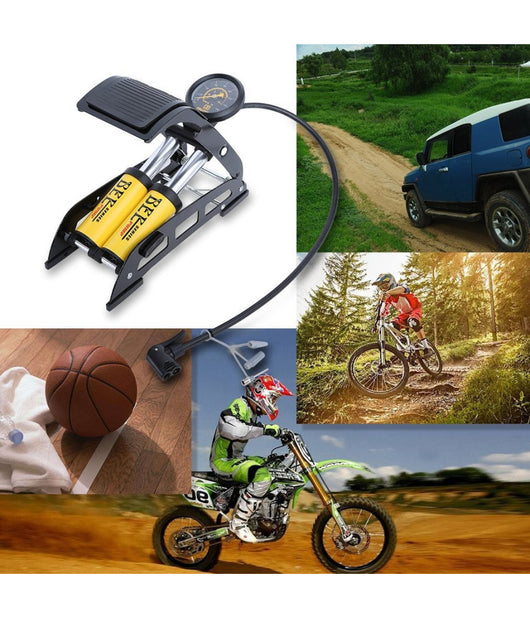 Gonfiatore Pompa A Pedale Manometro A 2 Cilindri Bici Auto Moto 10 Bar 160 Psi         