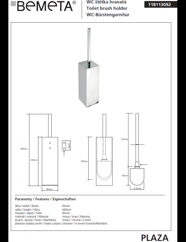 Scopino WC a muro PLAZA cromato 8,5x8,5x44,5 cm
