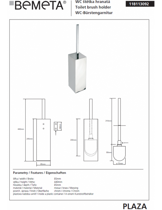 Scopino WC a muro PLAZA cromato 8,5x8,5x44,5 cm