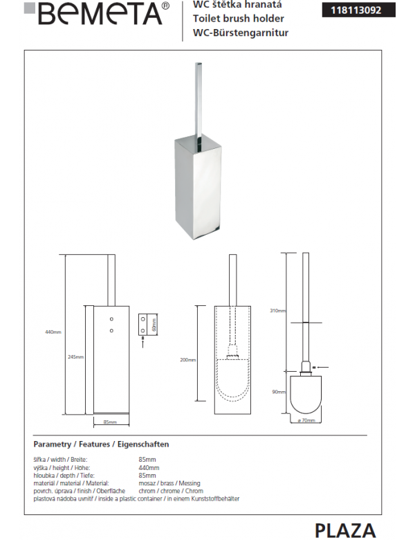 Scopino da fissare o da appoggio PLAZA 8,5x8,5x44,5 cm