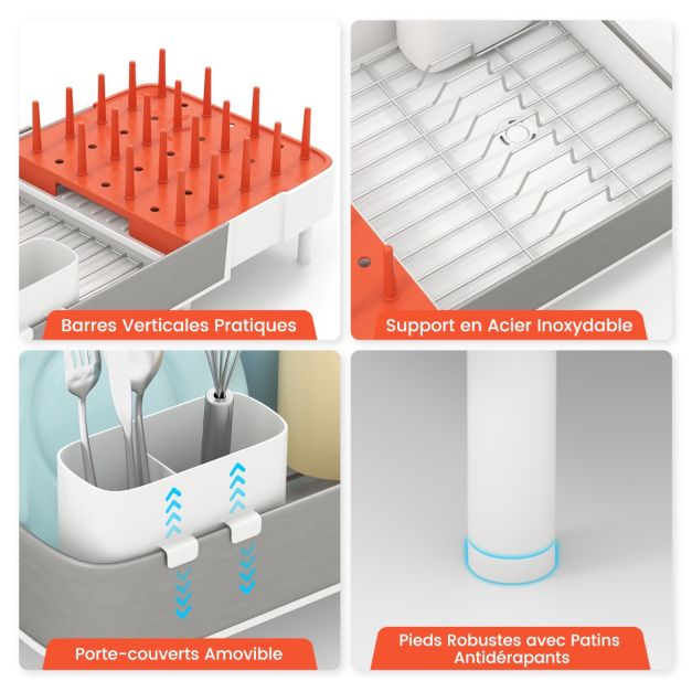 Scolapiatti in acciaio inox e PP allungabile con portaposate estraibile portabicchieri scarico automatico 20_0006630