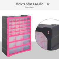 DURHAND Cassettiera in Plastica Portaminuterie con 39 Cassetti Trasparenti, Montaggio a Muro o a Terra 38x16x47.5cm Rosa