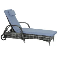 Sdraio da Giardino in Polirattan con Schienale Regolabile in 5 Posizioni, Cuscino, Ruote, Portata 160 kg, Sedia Sdraio Relax per Giardino, 200x73x30-103cm, Grigio