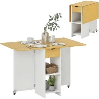 Tavolo da Pranzo Pieghevole per 2-4 Persone con 2 Ribalte, Cassetto e Ripiani, Quercia