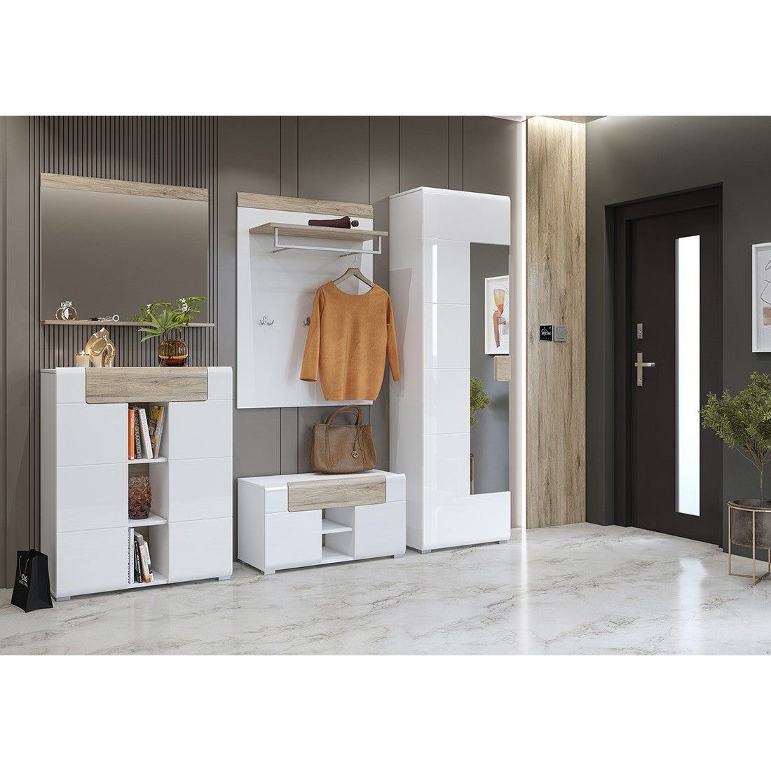 Grande specchio design collezione OHIO colore rovere chiaro con mensola integrata.