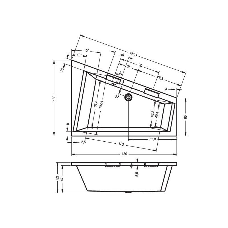 Vasca da bagno angolare in acrilico grande RIHO DOPPIO 180x130 cm in acrilico con 2 maniglie integrate