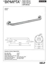 HELP 1200 Maniglione doccia in acciaio spazzolato 128x8x10,6 cm