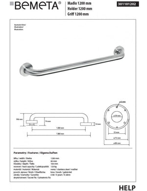 HELP 1200 Maniglione doccia in acciaio spazzolato 128x8x10,6 cm