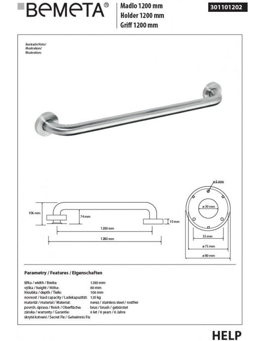 HELP 1200 Maniglione doccia in acciaio spazzolato 128x8x10,6 cm
