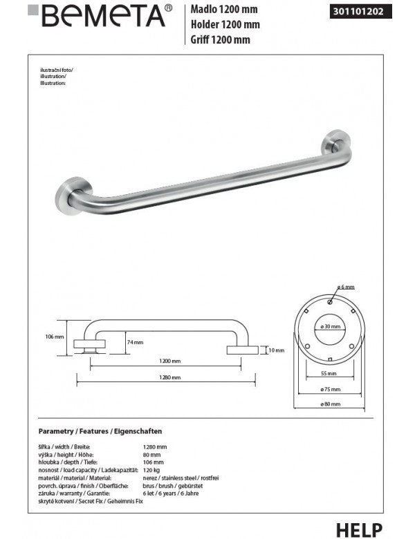 HELP 1200 Maniglione doccia in acciaio spazzolato 128x8x10,6 cm