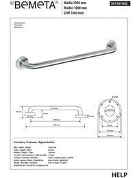 Maniglione doccia HELP 1000 in acciaio satinato 108x8x10,6cm
