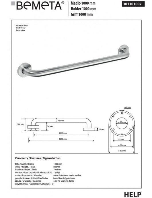 Maniglione doccia HELP 1000 in acciaio satinato 108x8x10,6cm