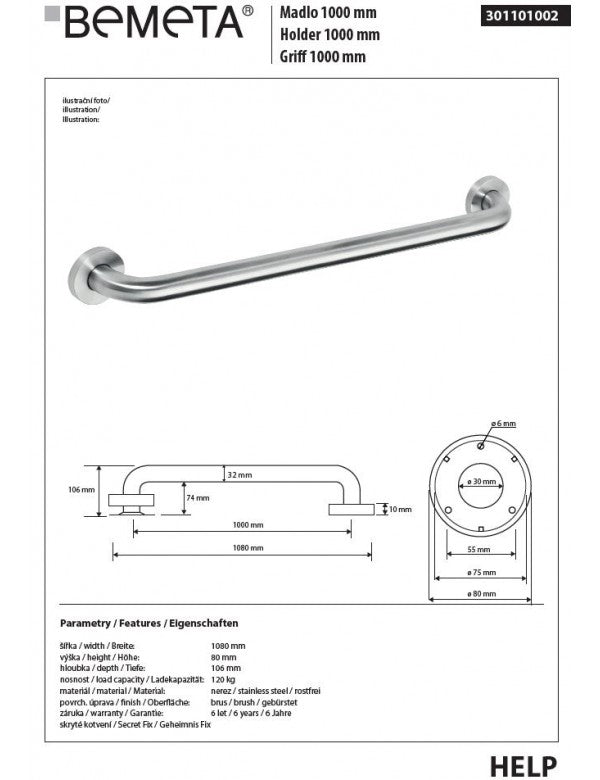Maniglione doccia HELP 1000 in acciaio satinato 108x8x10,6cm