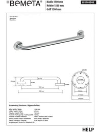 HELP 1500 Maniglione doccia in acciaio spazzolato 158x8x10,6 cm